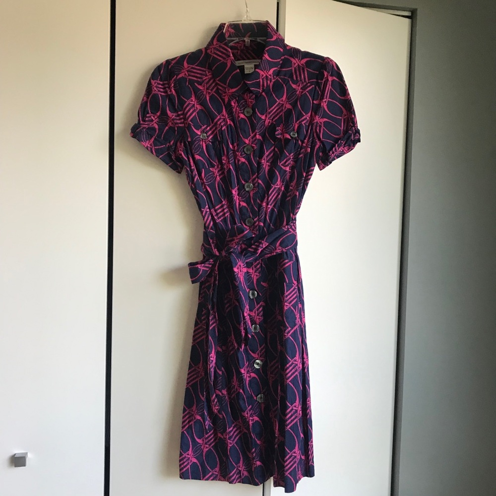 DVF navy and pink cotton belted shirt dress